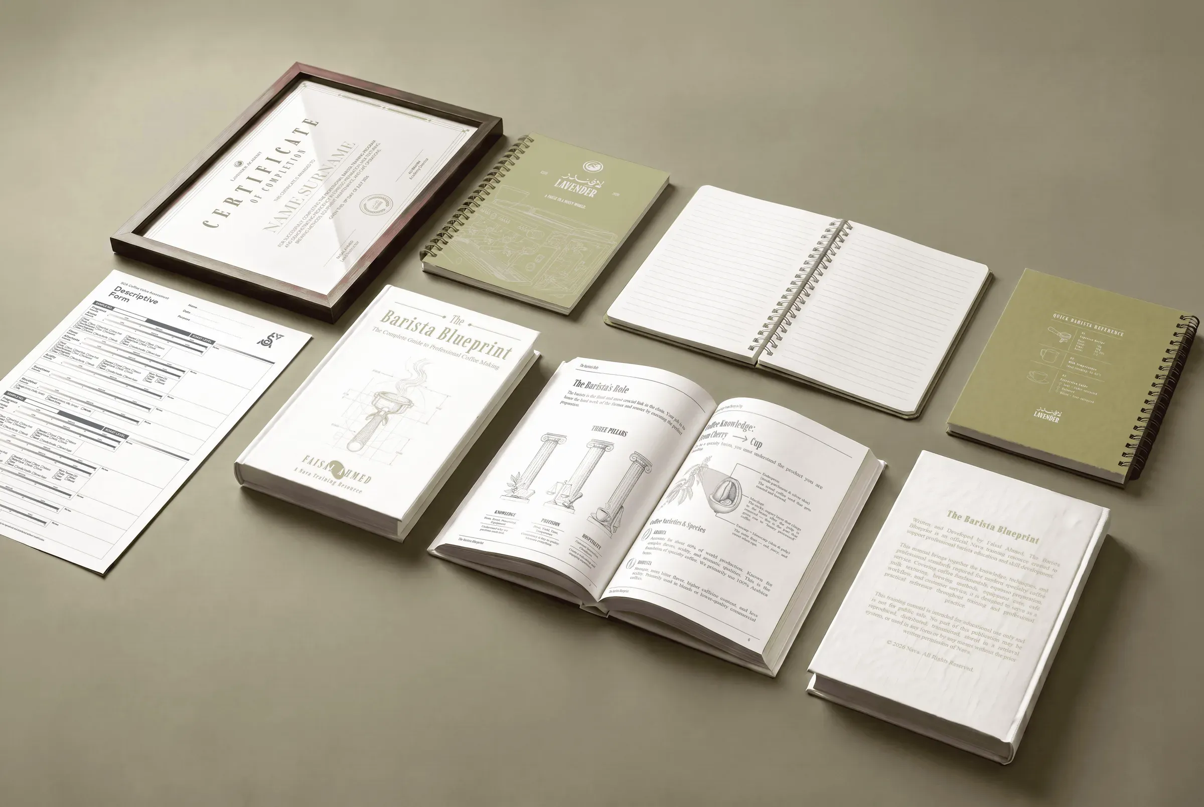 Adaçayı yeşili Lavender Barista Academy ders kitapları, defter ve çerçeveli sertifika