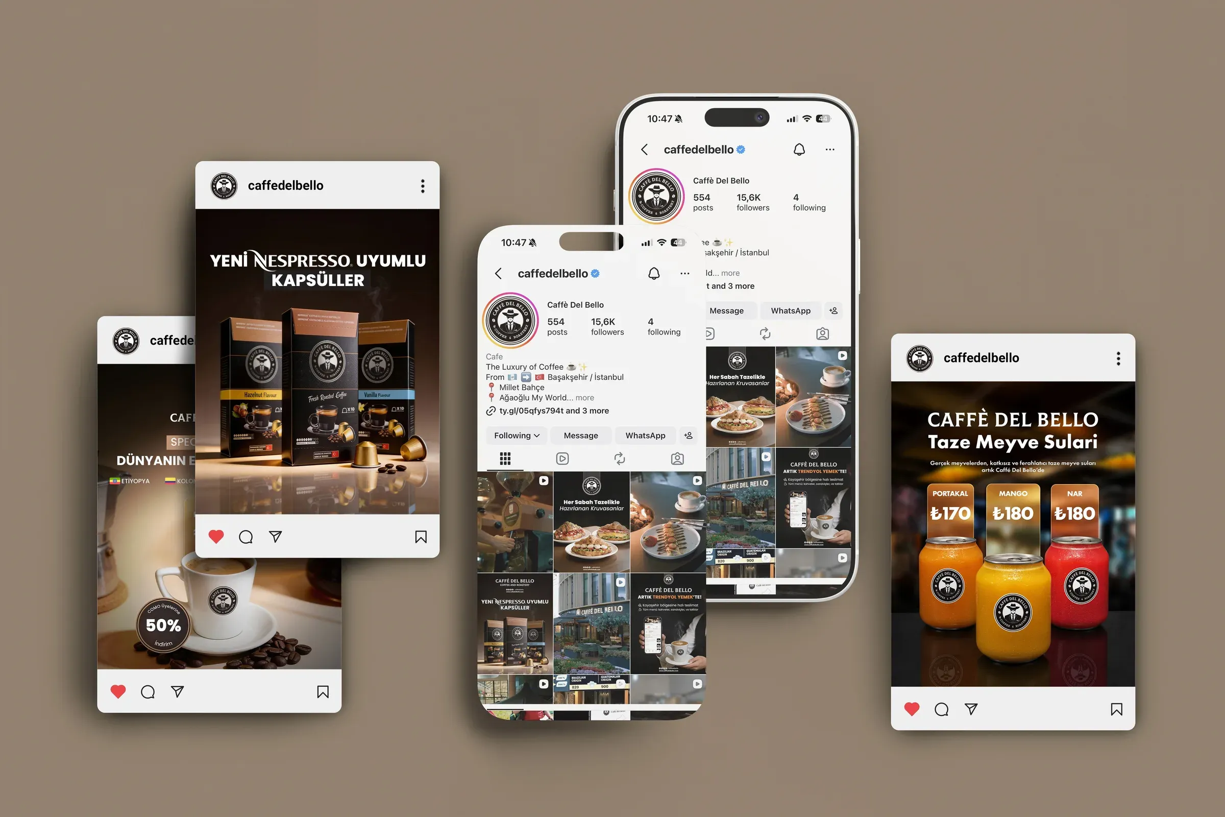 Telefonlarda gösterilen Caffè Del Bello Instagram gönderileri ve sadakat uygulaması