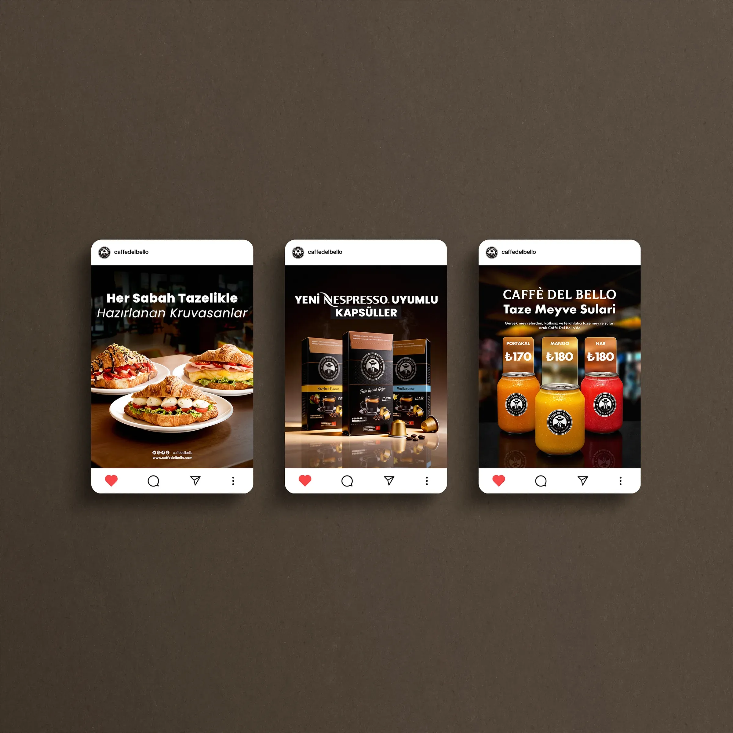 Kahvaltı, espresso kapsülleri ve şişe içecekleri içeren üç Caffè Del Bello Instagram gönderisi