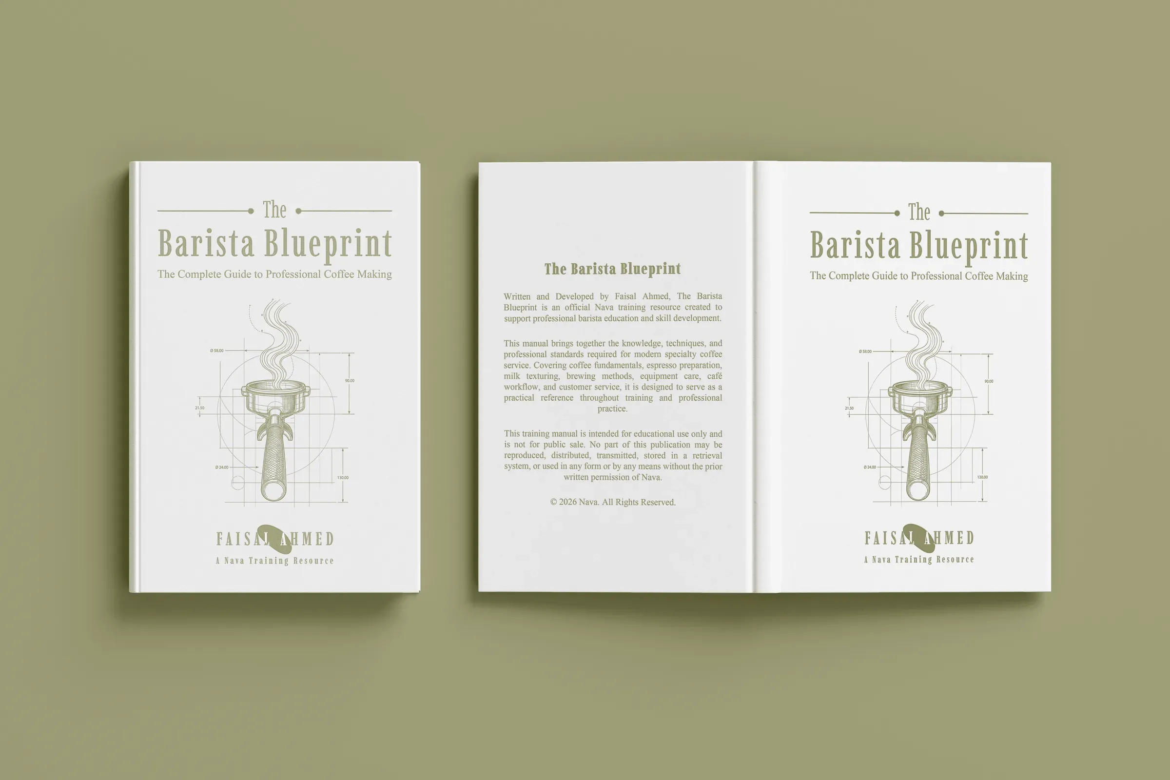 Open course book spreads titled The Barista Blueprint with structured text and illustrations
